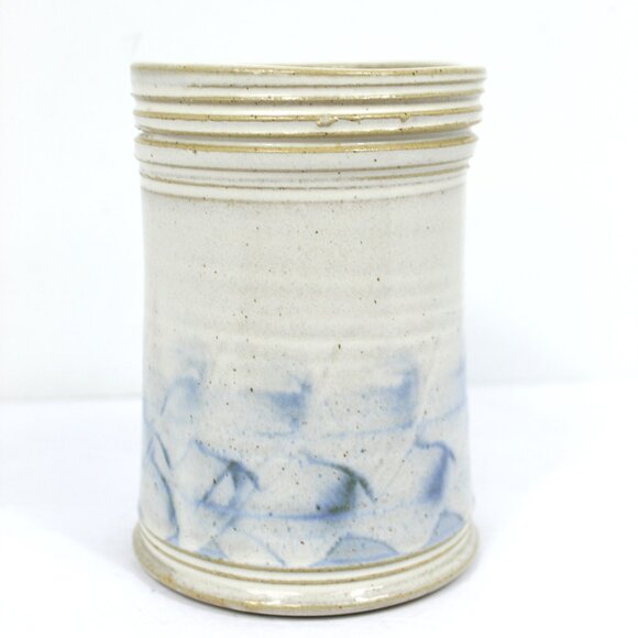 Art Pottery Beige Ribbed Rim Vase Blue Abstract Design Signed Doan - Picture 1 of 6